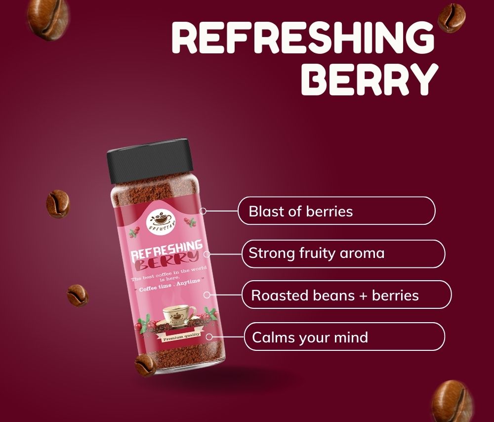 Brewstar Refreshing Berry Coffee | Roast & Ground Coffee | Instant Coffee | Premium Coffee | Berry Flavour | Great Aroma | Authentic Taste | Different Flavours | Easy to Use