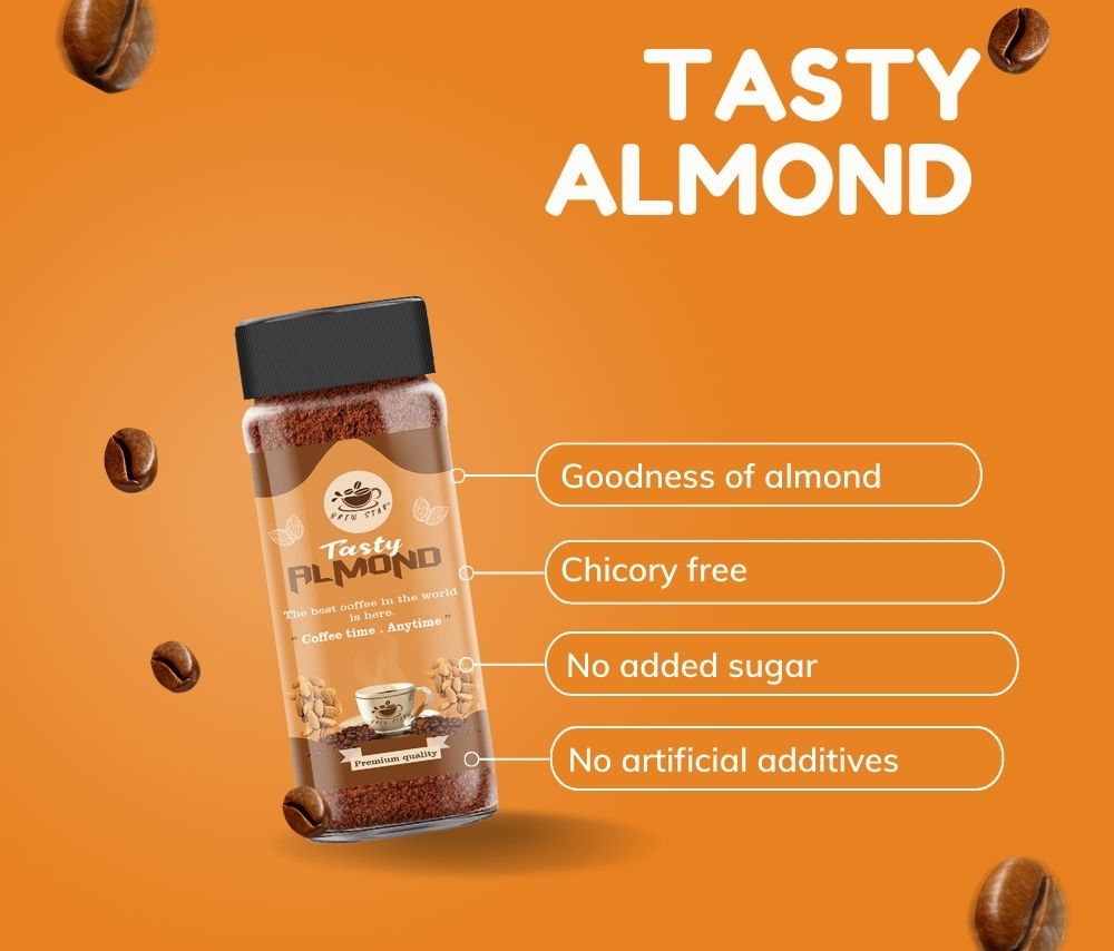 Bewstar Tasty Almond Coffee | Roast & Ground Coffee | Instant Coffee | Premium Coffee | Almond Flavour | Great Aroma | Authentic Taste | Smooth | Different Flavours | Easy to Use