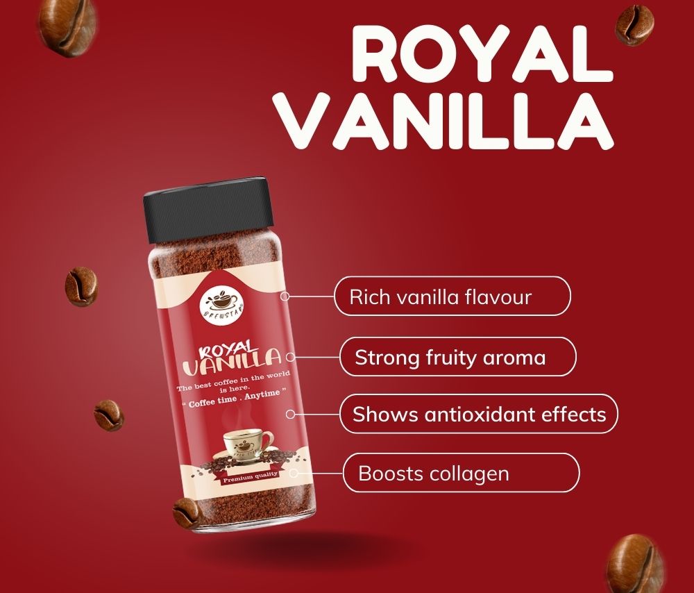 Brewstar Royal Vanilla Coffee | Roast & Ground Coffee | Instant Coffee | Premium Coffee | Vanilla Flavour | Great Aroma | Authentic Taste | Different Flavours | Easy to Use