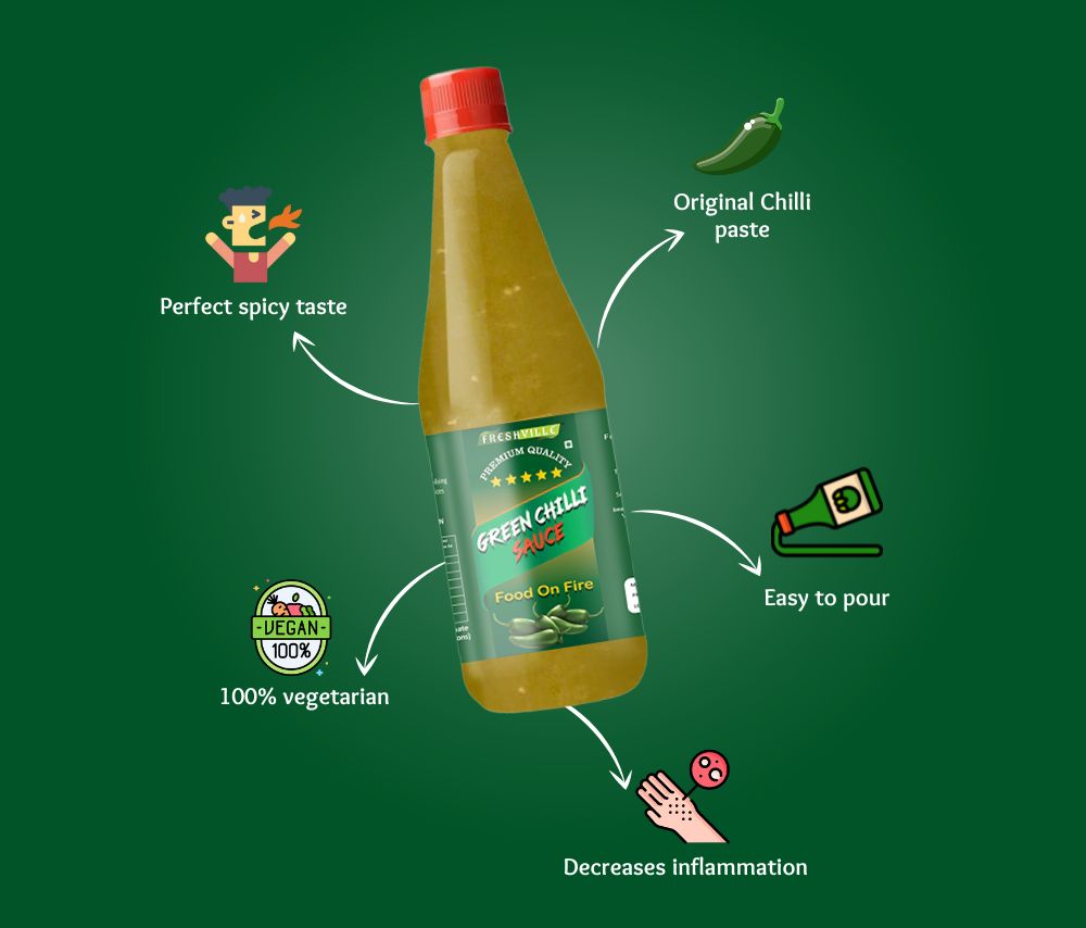 Freshville Green Chilli Sauce | Made with Real Green Chilli | No Artificial Colours | Green Hot Chilli Sauce For All Cuisines | 100% Vegetarian | Dip | Spread |