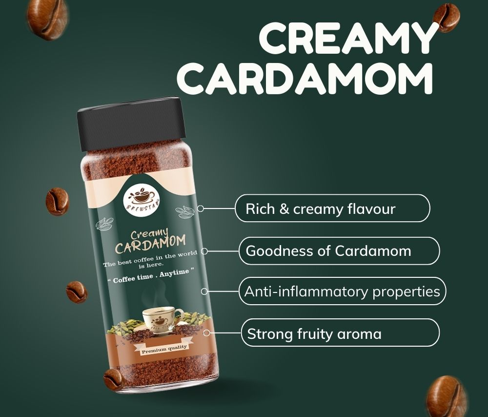 Brewstar Creamy Cardamom Coffee | Roast & Ground Coffee | Instant Coffee | Premium Coffee | Cardamom Flavour | Great Aroma | Authentic Taste | Different Flavours | Easy to Use