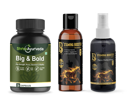 Shree Ayurveda Big And Bold Xtra Josh Capsules,Spray & Massage Oil | Boost Stamina, Strength & Performance