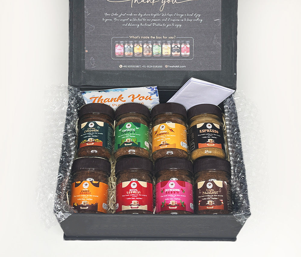 Brewstar Refreshing Berry, Choco Orange, Silky Caramel , Royal Vanilla, Espresso, Mint, Cardamom and Strong Coffee Gift Box Pack