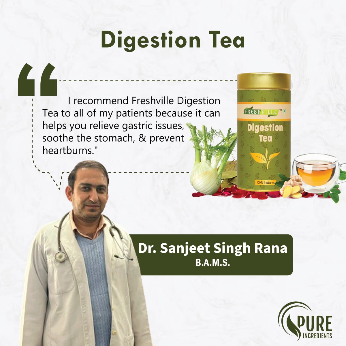 Freshville Digestion Tea | Improves Digestion, Bloating, Gas and Acidity relief with Herbs Ginger, Fennel, Ajwain, Mint, Senna leaves, Rose petals, Bay leaves, Green tea