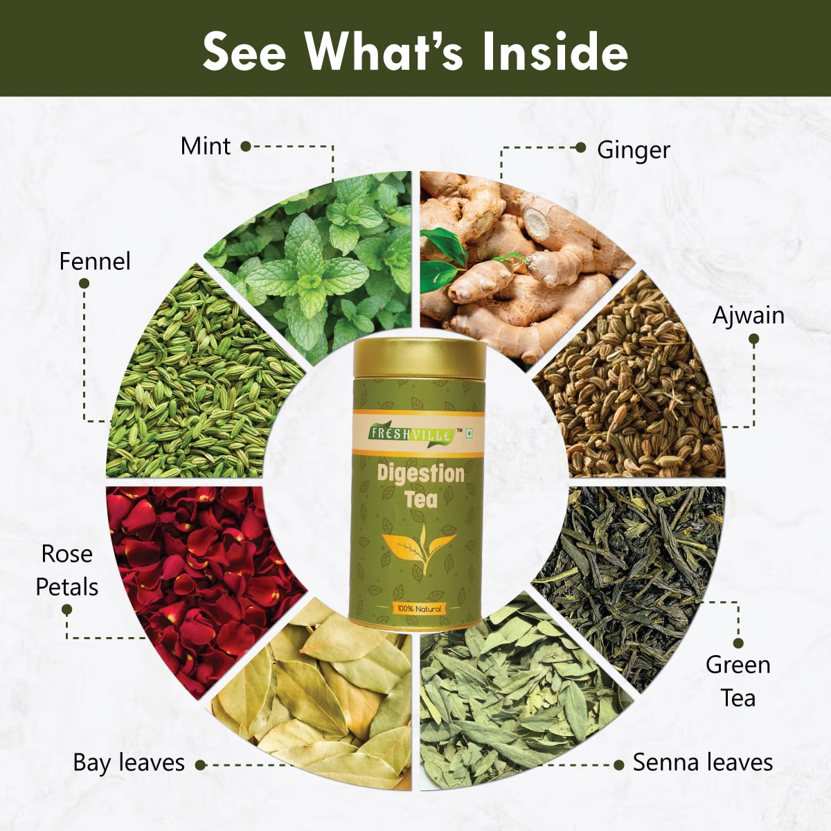 Freshville Digestion Tea | Improves Digestion, Bloating, Gas and Acidity relief with Herbs Ginger, Fennel, Ajwain, Mint, Senna leaves, Rose petals, Bay leaves, Green tea