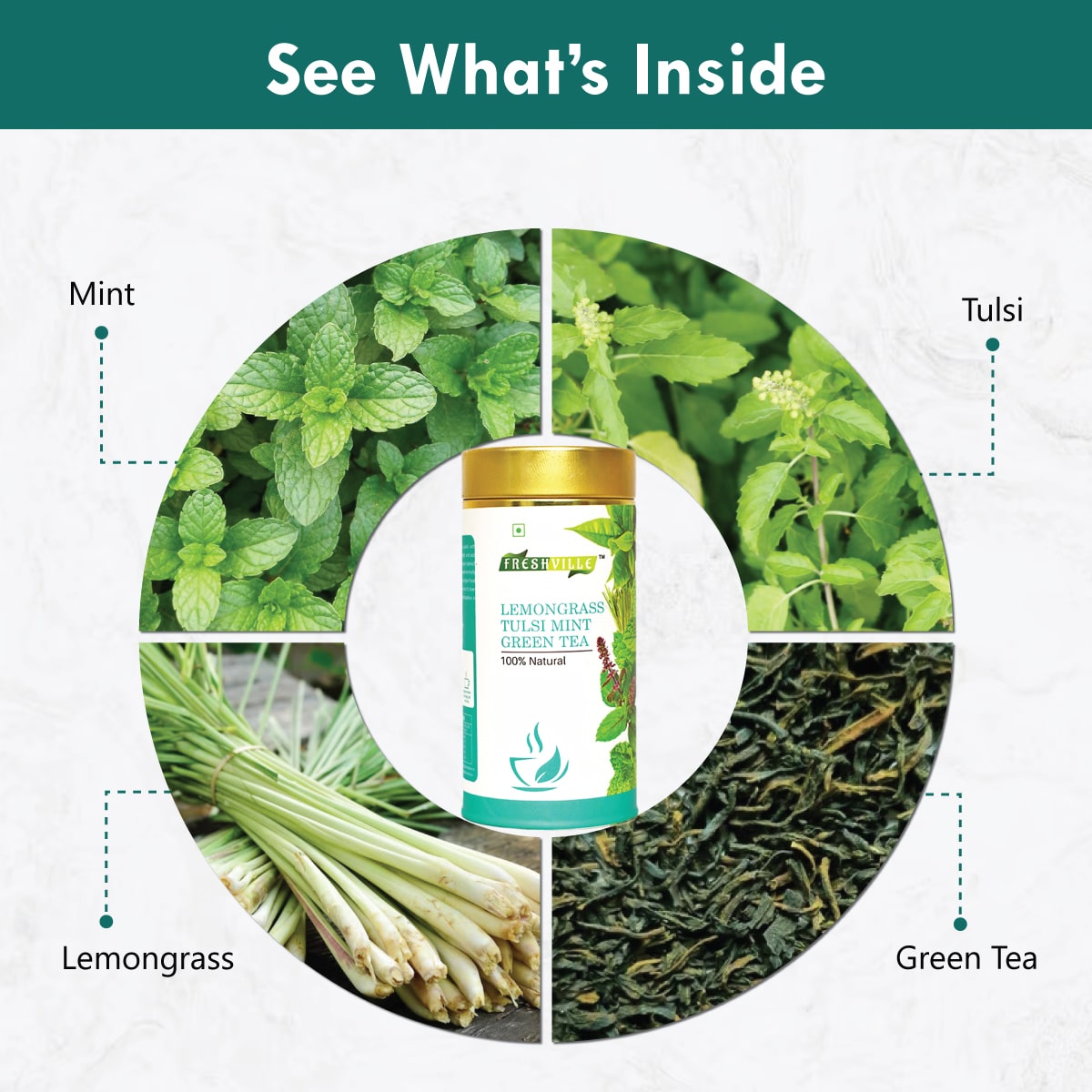 Freshville Lemongrass Tulsi Mint Green Tea | Enhances Immunity, Mental Health, Eye Sight