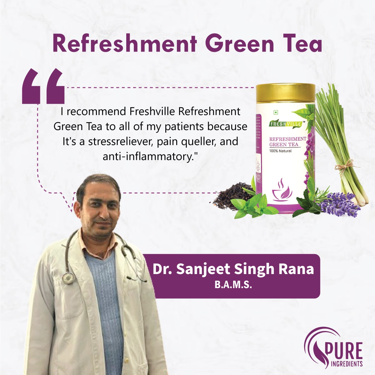 Freshville Refreshment Green Tea|  Antioxidant, Stress Relief & Good Sleep | Peppermint, Lemon, Lemongrass, Green Tea, Lavender