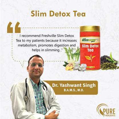 Freshville Slim Detox Tea | Slim Down & Detoxify Body wiith Herbs Cardamom, Fennel, Ginger, Green Tea, Jasmine, Lemongrass, Liquorice, Mint, Tulsi, and Turmeric.