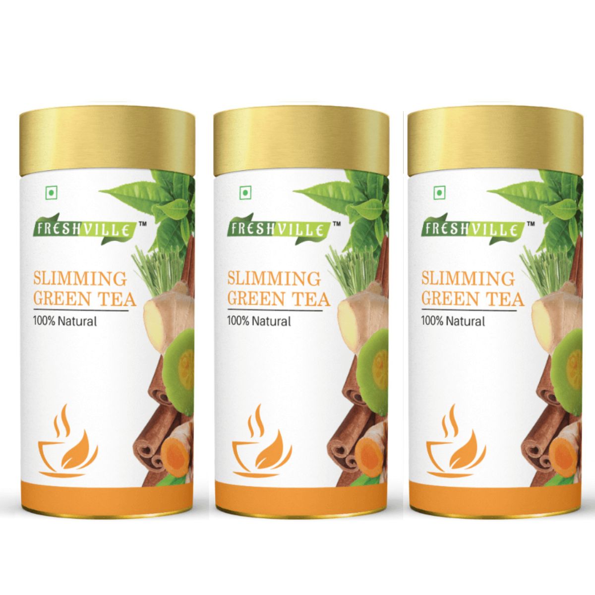 Freshville Slimming Green Tea | Burn Fat Easily with Herbs Garcinia, Cinnamon, Ginger, Lemongrass, Turmeric, Green tea, Senna leaf