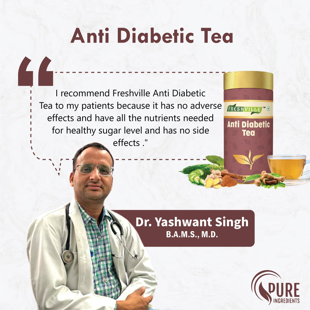 Freshville Anti Diabetic Tea | Control Blood Sugar level with herbs Turmeric, Tamarind, Karela, Tulsi, Cinnamon, Gurmar