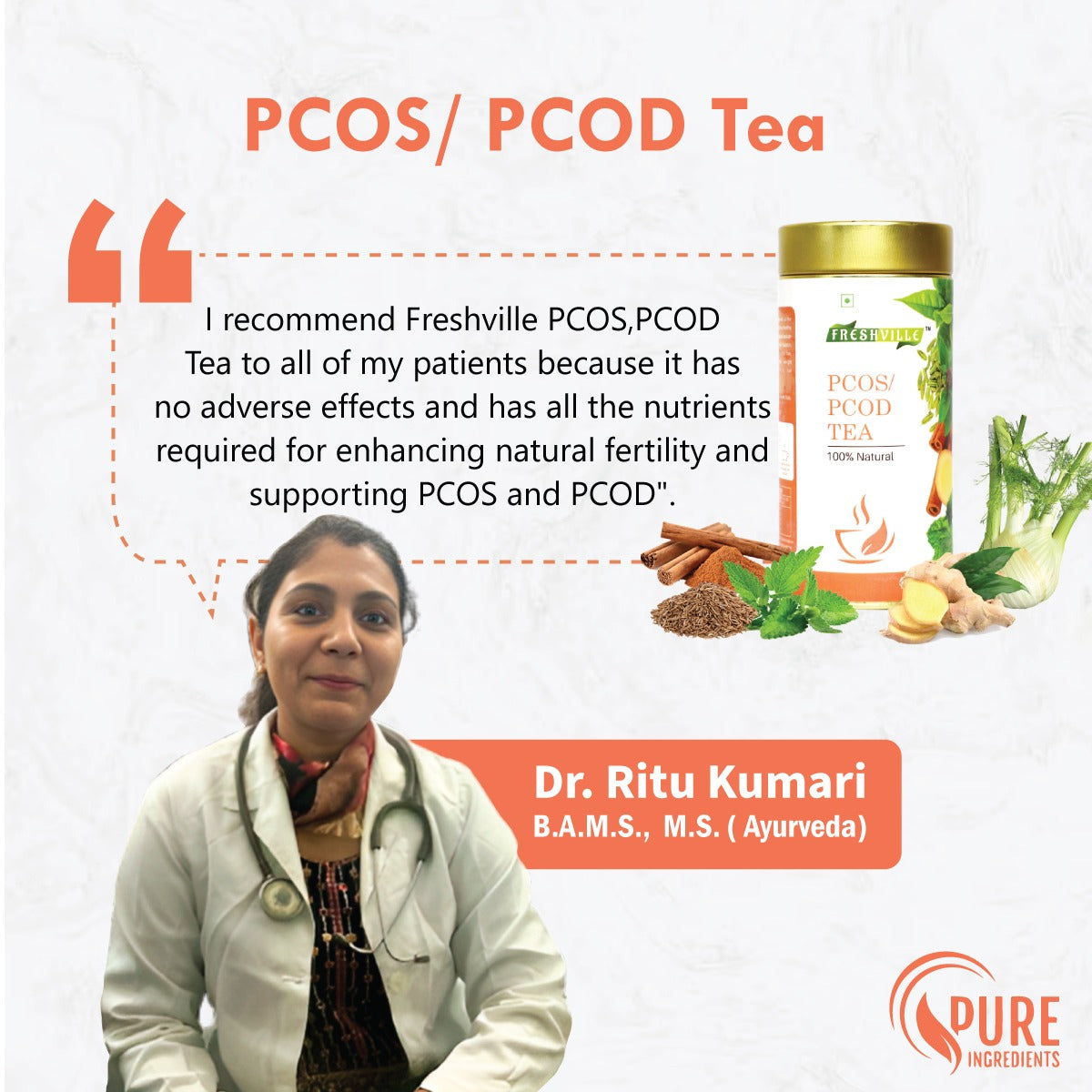 Freshville PCOS PCOD Tea | Regularizes period cycle with herbs Ginger, Fenugreek, Spearmint, Cinnamon, Fennel, Tulsi, Lodhra, Ashoka