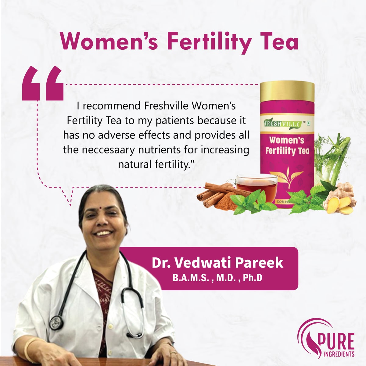 Freshville Women Fertility Tea | Hormonal Balance, Increase fertility with Herbs Fennel, Nettle, Cinnamon, Ginger, Tulsi, Fenugreek, Spearmint, Shatavari, Moringa