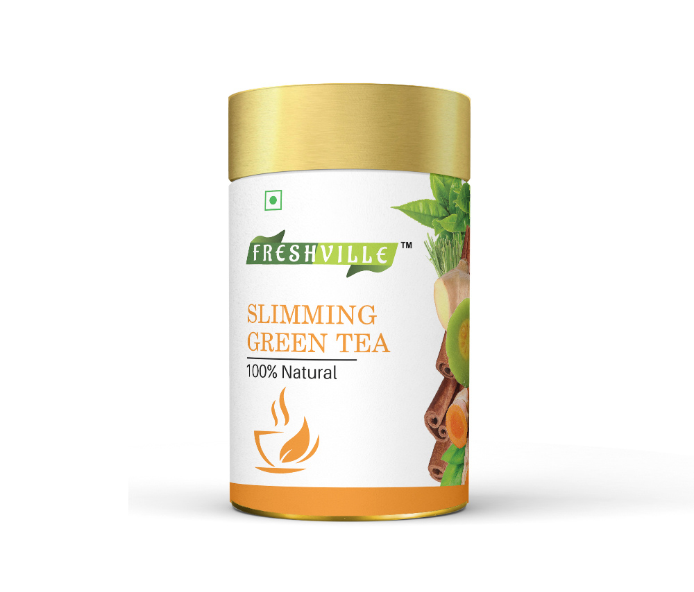 Freshville Slimming Green Tea | Burn Fat Easily with Herbs Garcinia, Cinnamon, Ginger, Lemongrass, Turmeric, Green tea, Senna leaf