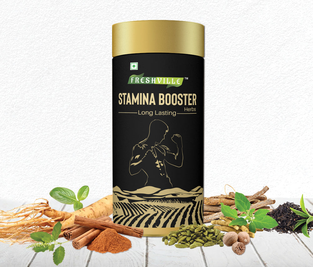 Freshville Stamina Booster Herbs | Pure & Natural |Elachi | Mulethi | Cinnamon | Nutmeg | Ashwagandha | Ginseng Root | Gokhru | Tulsi | Shatavari |Green Tea Tin